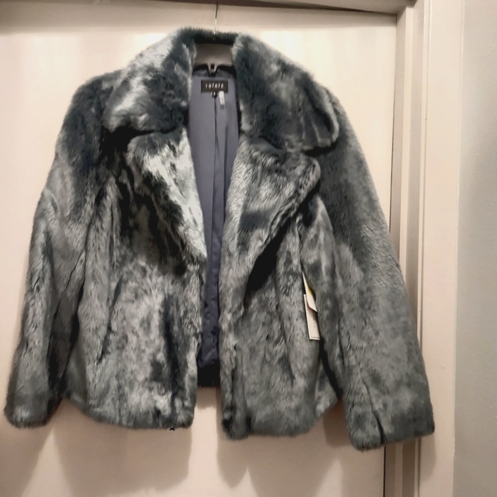 1 State blue silver faux fur coat NEW